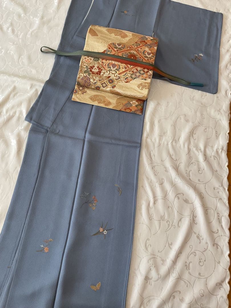 付下げ　フルセット　縫紋付　丸に橘　　正絹　六通柄袋帯　帯揚げ　帯締め