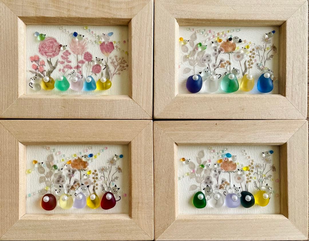 ☆白猫のタンゴ☆シーグラスアート　ねこ　ことり　ひなまつり