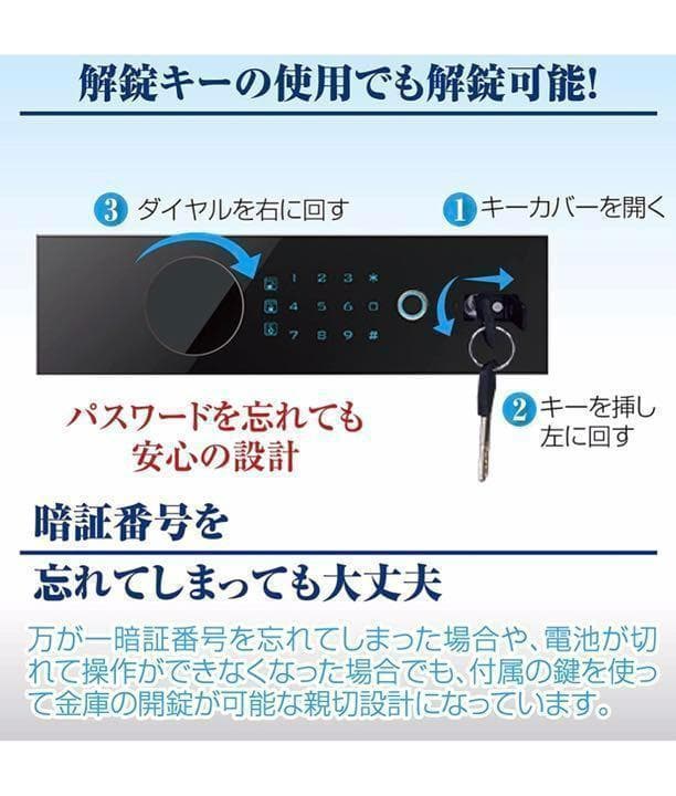電子 金庫 タッチパネル 指紋認証 アラーム機能付き 壁付け対応(45cm：黒)