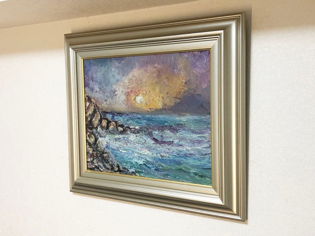 油絵 田中正盛 作 夕日と海 自然・風景画 vic art F8号「真作」油彩画