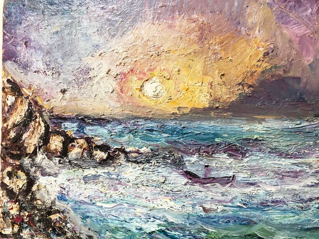 油絵 田中正盛 作 夕日と海 自然・風景画 vic art F8号「真作」油彩画