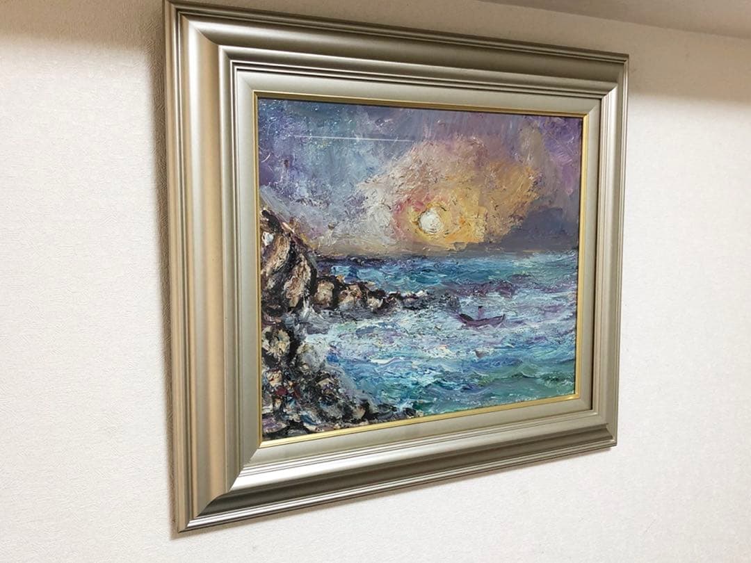 油絵 田中正盛 作 夕日と海 自然・風景画 vic art F8号「真作」油彩画