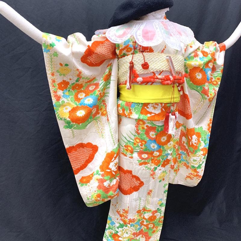 506ag39□七五三 七歳 女児 着物&袋帯 金彩 絞染め 花 白□美品