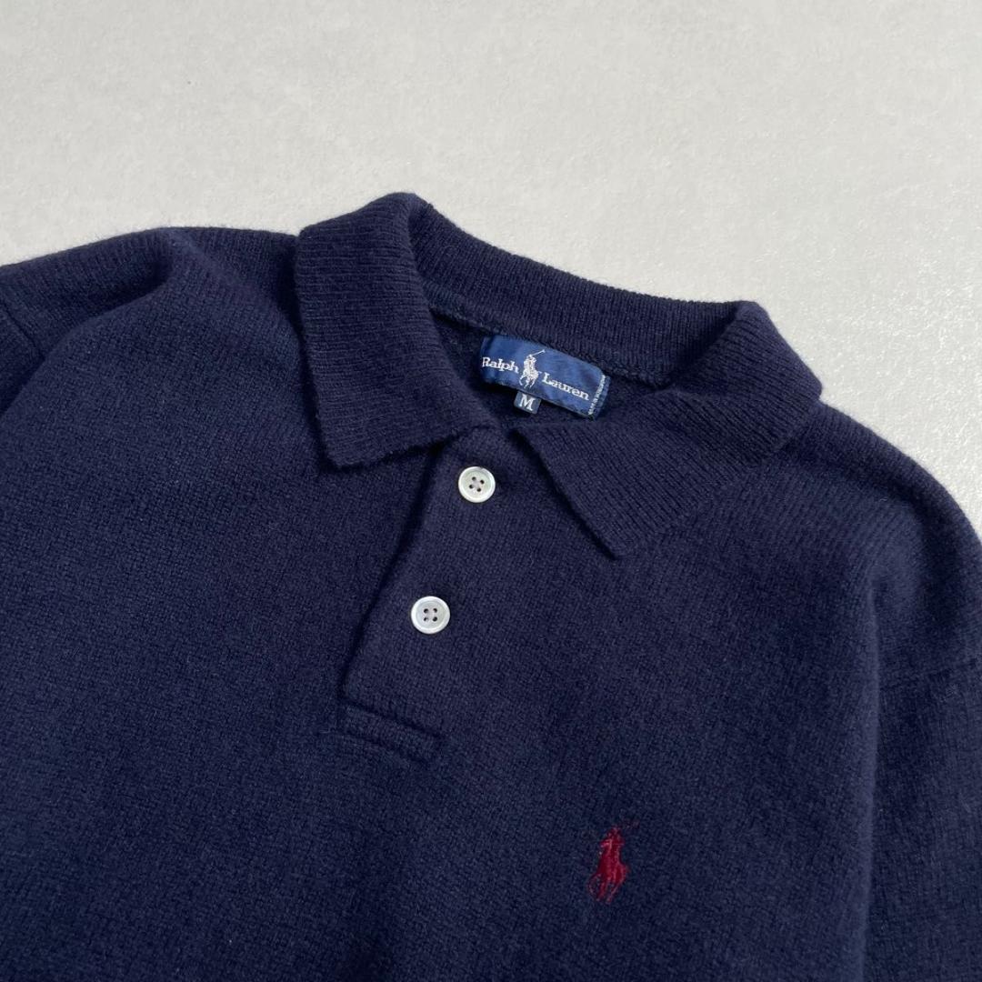 ラルフローレン　刺繍　ワンポイント　ポニー　襟付き　ニット　古着　ネイビー