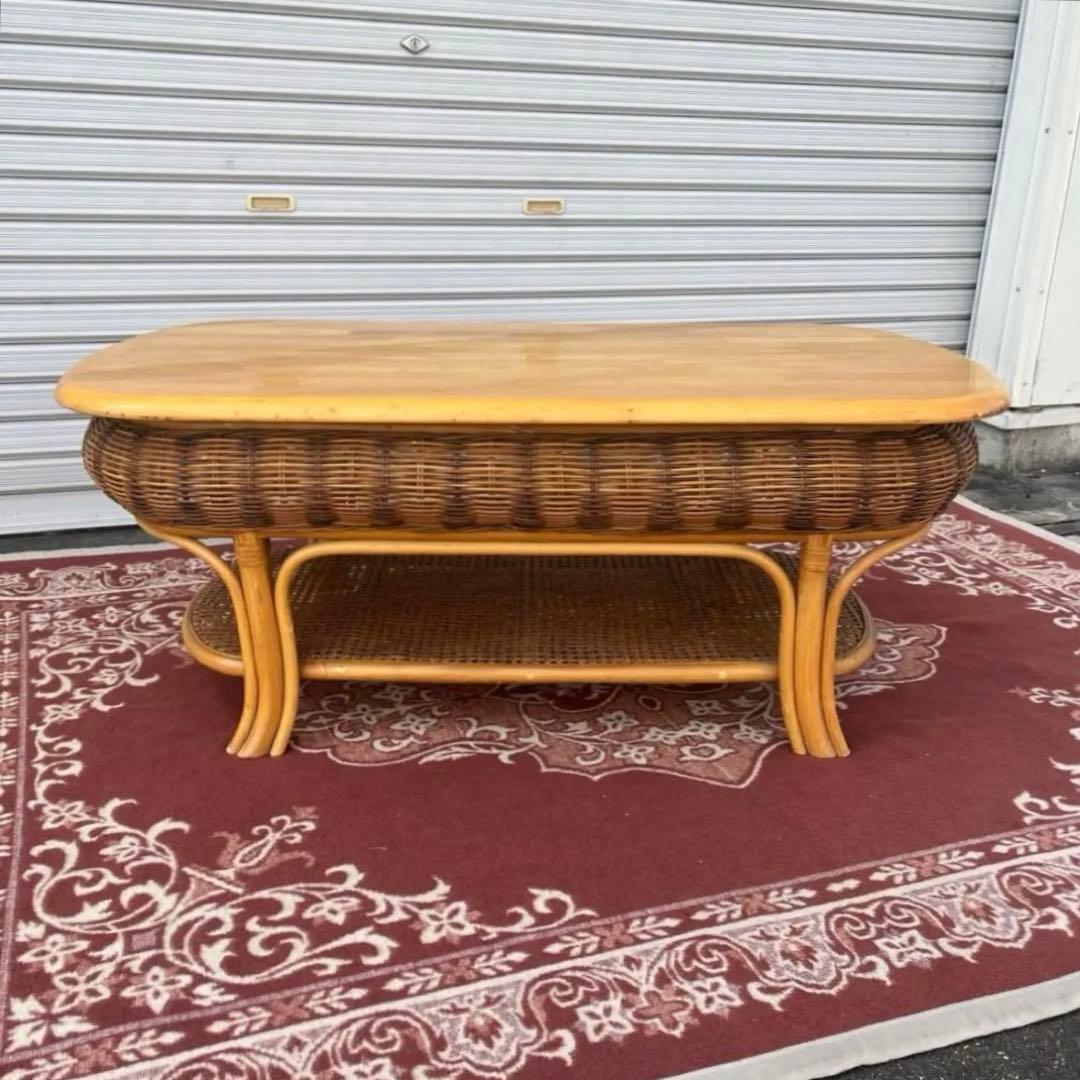 古家具ビンテージ品◼︎籐ラタン×木製天板 センターテーブル ローテーブル